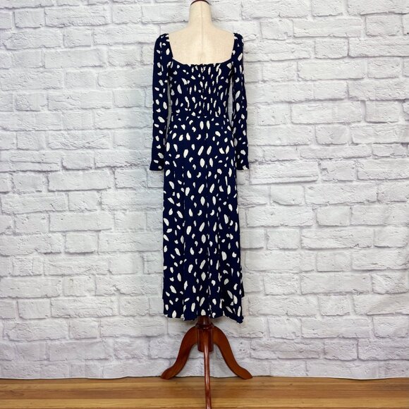 Reformation Sigmund Navy Blue & White Splatter Print Midi Dress - Picture 2 of 6